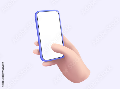 3d cartoon hand holding smartphone device touching blank screen. mobile phone, Communication, Social media, Internet, Online technology, Hand using mobile phone mockup. 3d Vector illustration. Eps 10