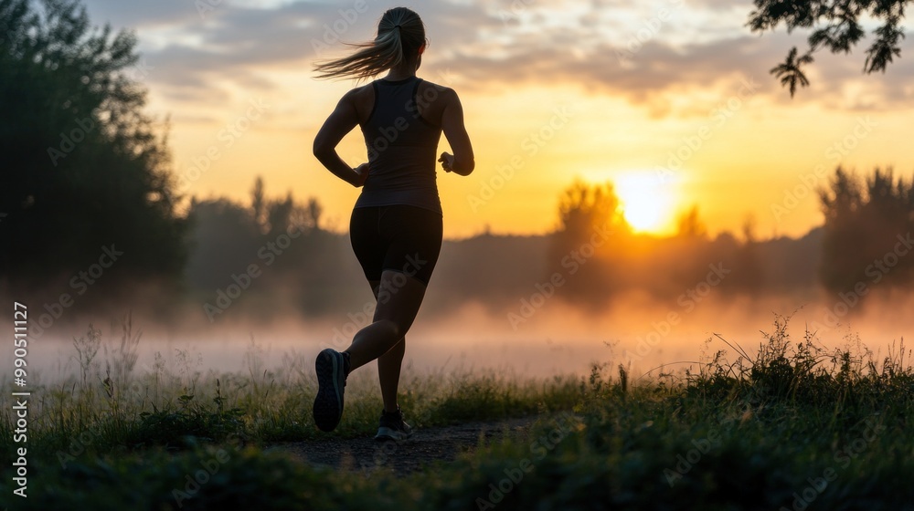 A woman jogs along a path beside a tranquil lake as the sun rises, creating a beautiful orange glow in the sky and mist rising gently from the water, offering a serene atmosphere A woman jogs along a path beside a tranquil lake as the sun rises, creating a beautiful orange glow in the sky and mist rising gently from the water, offering a serene atmosphere