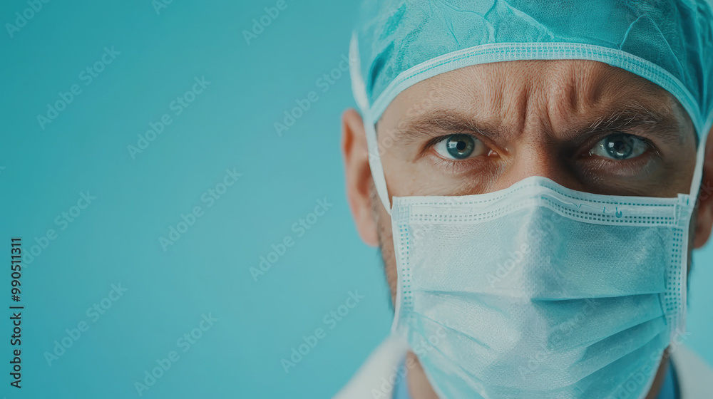 Close up portrait of male doctor wearing surgical mask and cap, conveying serious expression. blue background enhances medical theme and professionalism Close up portrait of male doctor wearing surgical mask and cap, conveying serious expression. blue background enhances medical theme and professionalism