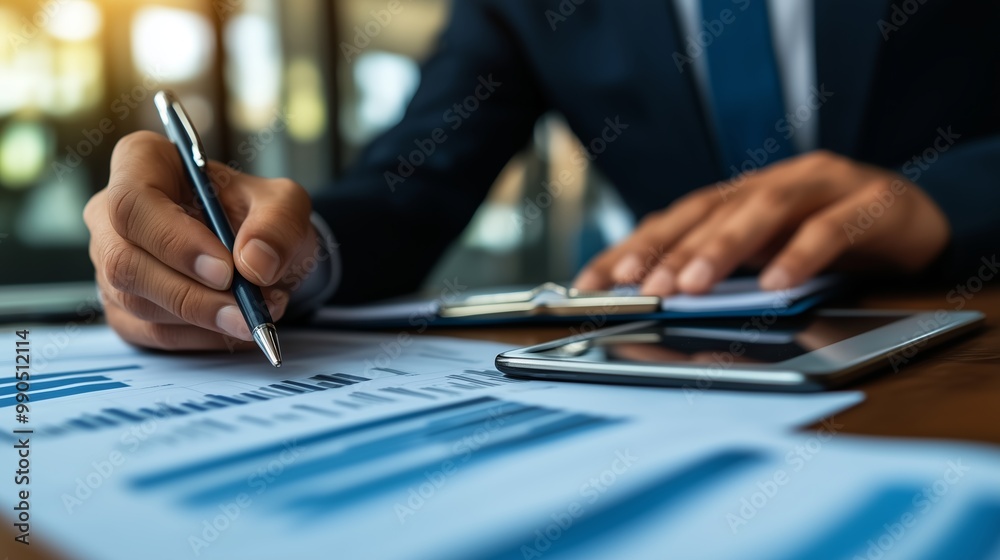 Business professional analyzing financial reports and statistics during an office meeting in a modern workspace environment Business professional analyzing financial reports and statistics during an office meeting in a modern workspace environment