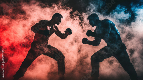 Intense silhouettes of two mixed martial arts fighters poised for action, surrounded by dramatic smoke in red and blue hues, create powerful atmosphere of competition and strength photo