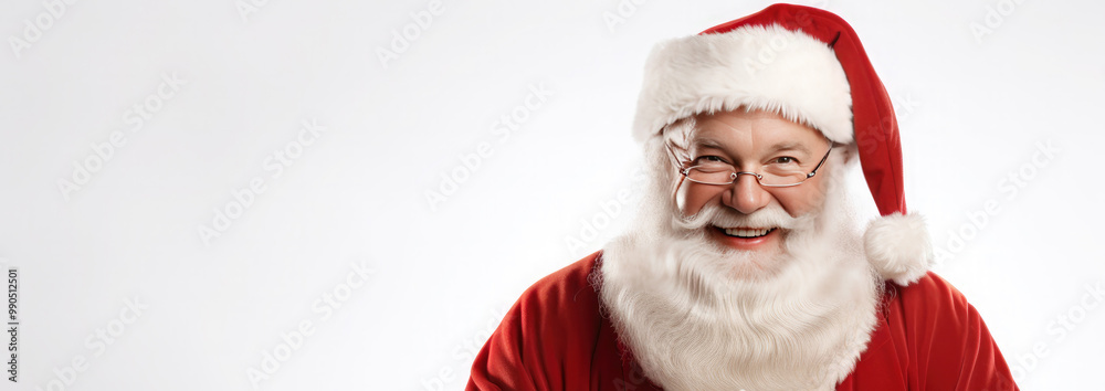 Naklejka premium Happy Santa Claus on white background. Christmas background. Advertising banner. Copy space. Christmas promotions, discounts, sale