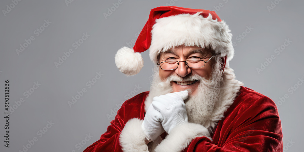 Happy Santa Claus on grey background. Christmas background. Advertising banner. Copy space. Christmas promotions, discounts, sale Happy Santa Claus on grey background. Christmas background. Advertising banner. Copy space. Christmas promotions, discounts, sale
