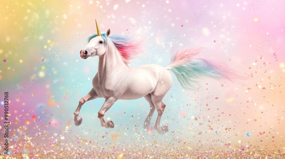 White unicorn with a blue and pink mane and tail runs through a field of glitter.