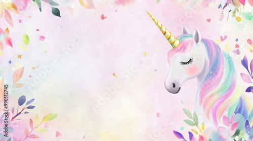 Watercolor unicorn head with floral frame.