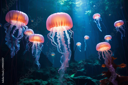  mesmerizing scene of a glowing jellyfish ballet taking place in the depths of an underwater cave. Generative AI