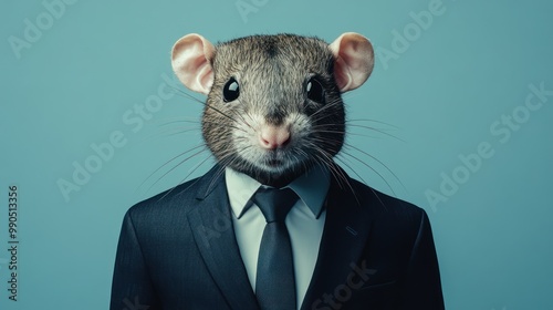 A rat wearing a suit and tie against a blue background.