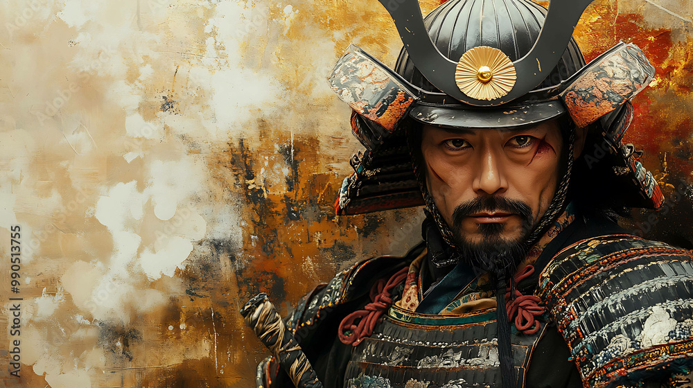 Fototapeta premium A samurai warrior in full armor stares intently at the camera, a look of determination on his face.