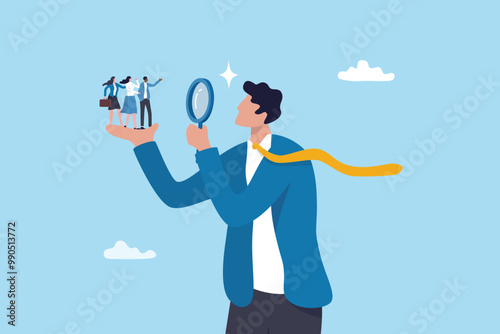Analyze candidate, employee performance review, evaluation or analysis, choose recruitment applicants, staff or finding right person for job concept, businessman analyzing employee or job candidates.