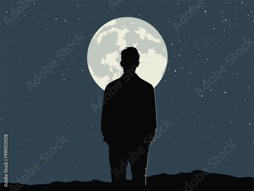 white background, A man staring at a full moon rising over the horizon - isolate the man against a background of the moon and sky., very simple and isolate in the style of animated illustrations art
