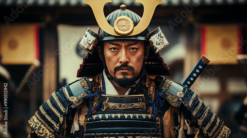 A samurai warrior in full traditional armor stares intensely at the camera. photo