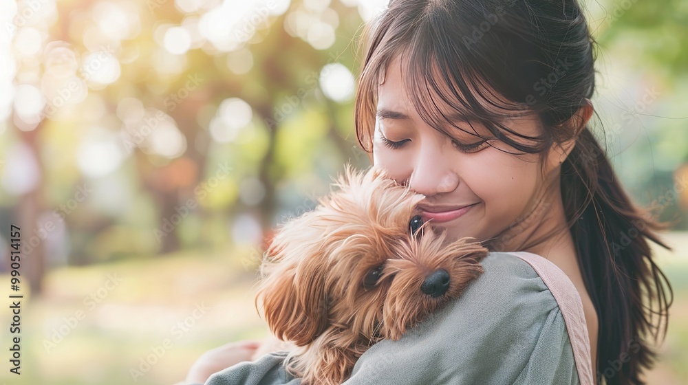 Tender Moments: An Asian Woman and Her Small Dog Embrace the Joy of Companionship in a Serene Park Tender Moments: An Asian Woman and Her Small Dog Embrace the Joy of Companionship in a Serene Park