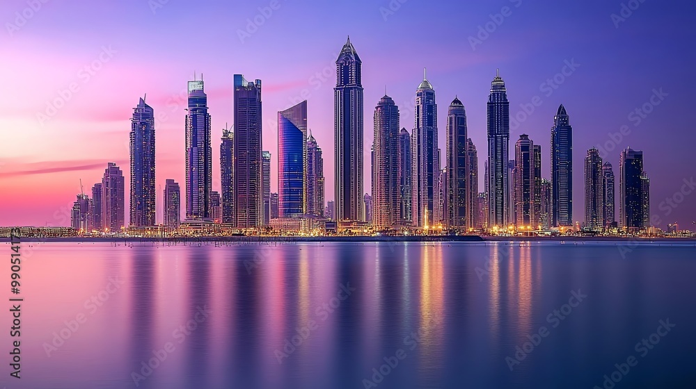 Obraz premium A panoramic view of the Dubai skyline at dusk.