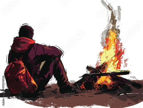 white background, A man watching a fire crackling in a campfire - isolate the man against a background of flames and logs., very simple and isolate in the style of animated illustrations, background 