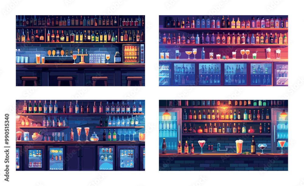 Bar counter cartoon vector concepts. Pub bottles cocktails glasses gin whiskey vodka beer mug nightclub drinks alcoholic shelves refrigerator beverages illustrations Bar counter cartoon vector concepts. Pub bottles cocktails glasses gin whiskey vodka beer mug nightclub drinks alcoholic shelves refrigerator beverages illustrations