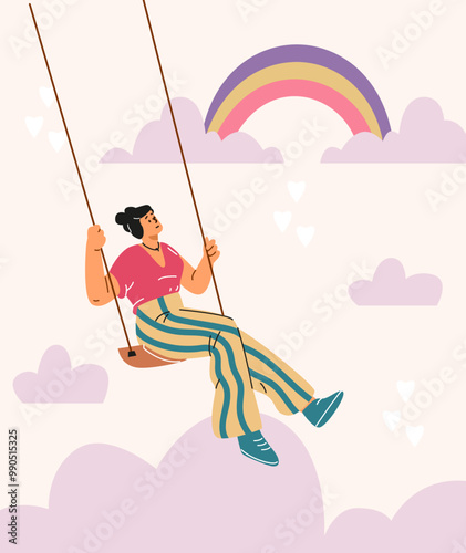 Happy woman in a T-shirt and striped pants riding on a swing among clouds and rainbows.