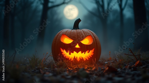 Menacing Carved Pumpkin with Demonic Face Glowing Amidst Flames and Ghostly Figures