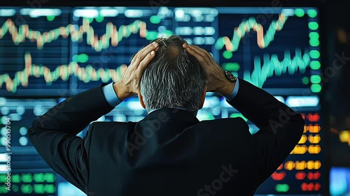 Bear Market Panicking Senior Old Man Watching Crashing Stocks Plunging Slumping Bearish Financial Crisis Recession Collapse Panic Selling Anxious Mad Loss Pension Savings Investment