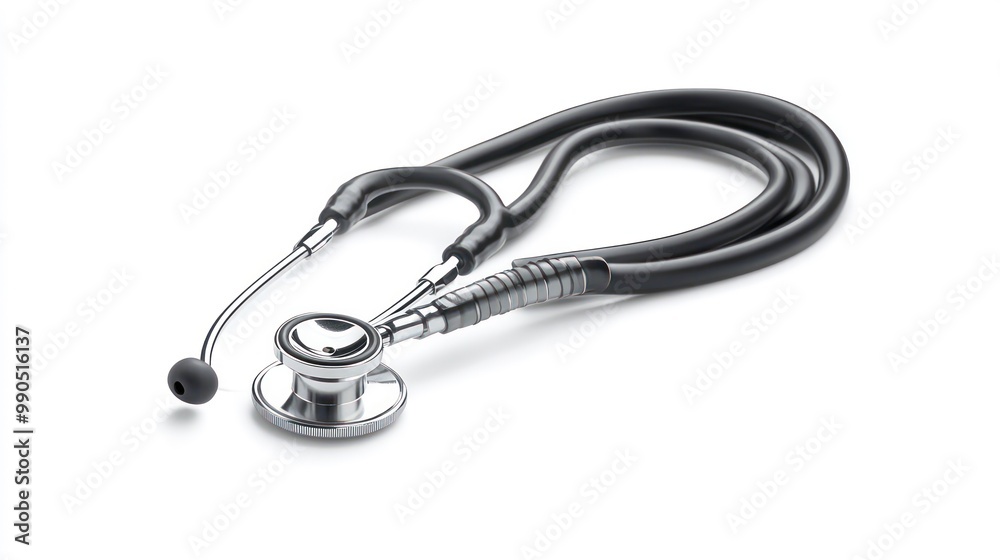 A silver stethoscope with a black tube coiled on a white background. A silver stethoscope with a black tube coiled on a white background.
