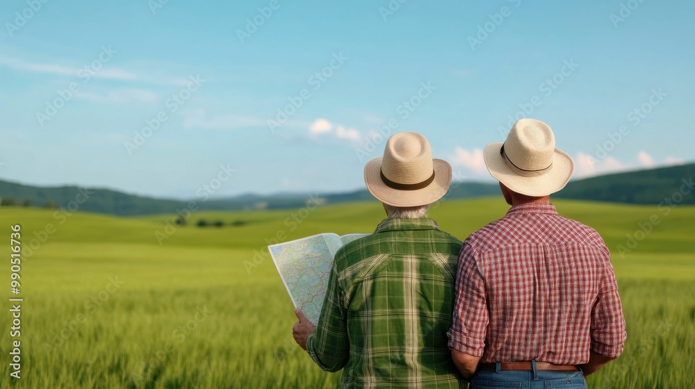A couple wearing straw hats stands in a vast green field, reading a map under a clear blue sky, enjoying the countryside on a sunny day.. A couple wearing straw hats stands in a vast green field, reading a map under a clear blue sky, enjoying the countryside on a sunny day..