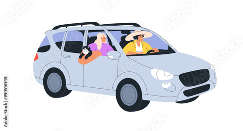 Road trip, women friends and pet cat. Happy females enjoying car ride, travel, summer vacation adventure. Girls couple tourists in journey. Flat vector illustration isolated on white background