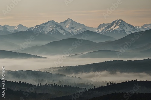 Muted Mountain Range ( Distant mountains in neutral tones with mist)