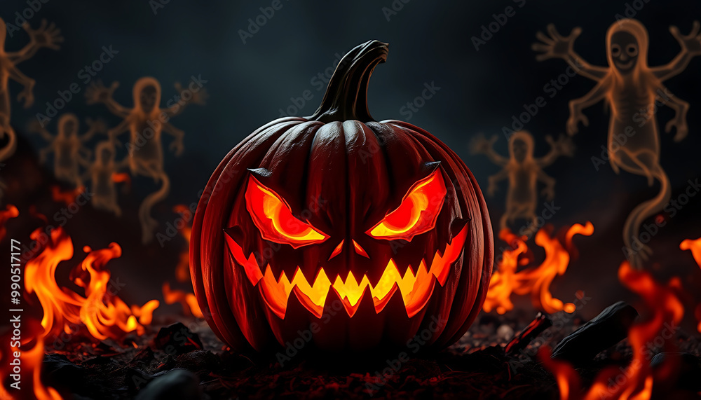 Menacing Carved Pumpkin with Demonic Face Glowing Amidst Flames and Ghostly Figures Menacing Carved Pumpkin with Demonic Face Glowing Amidst Flames and Ghostly Figures