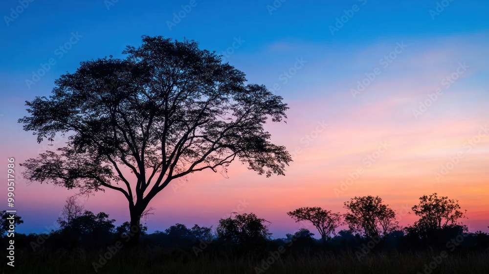 Silhouette of a tree against a colorful sunrise sky. Silhouette of a tree against a colorful sunrise sky.