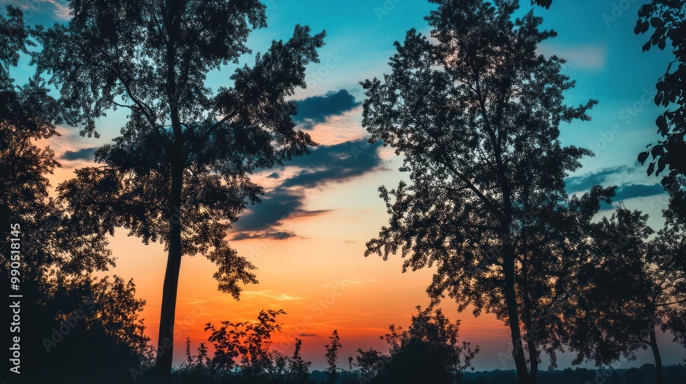 Silhouettes of trees against an orange and blue sky at sunset.