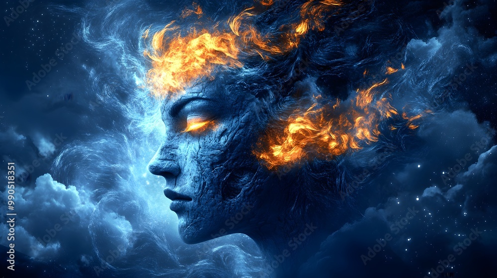 Eine schöne Frau aus wirbelnden Wolken und glühender Glut, im Stil eines ätherischen Porträts, mit surrealistischen Elementen im Hintergrund. Eine schöne Frau aus wirbelnden Wolken und glühender Glut, im Stil eines ätherischen Porträts, mit surrealistischen Elementen im Hintergrund.