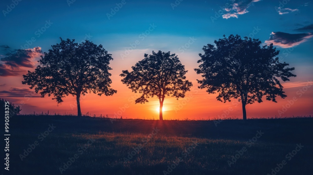 Three trees silhouetted against a vibrant sunset. Three trees silhouetted against a vibrant sunset.