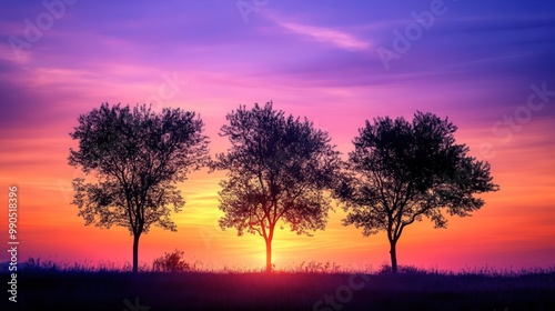 Three silhouetted trees stand tall against a vibrant, colorful sunset sky.