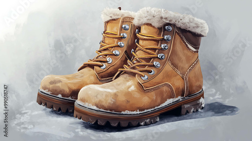 Pair of brown leather boots with fur trim and snow.