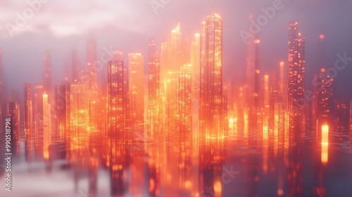 Futuristic Cityscape with Glowing Skyscrapers at Sunset