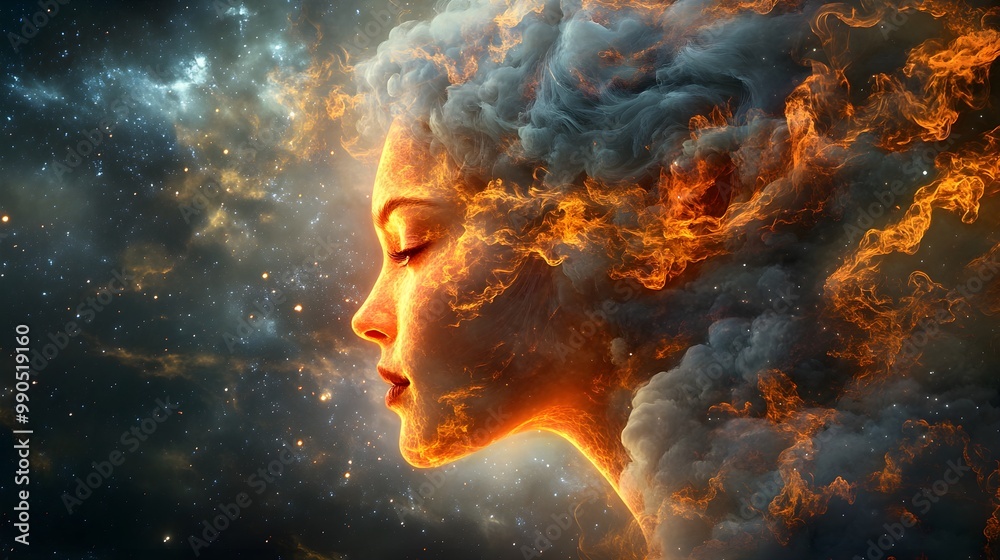 Eine schöne Frau aus wirbelnden Wolken und glühender Glut, im Stil eines ätherischen Porträts, mit surrealistischen Elementen im Hintergrund. Eine schöne Frau aus wirbelnden Wolken und glühender Glut, im Stil eines ätherischen Porträts, mit surrealistischen Elementen im Hintergrund.