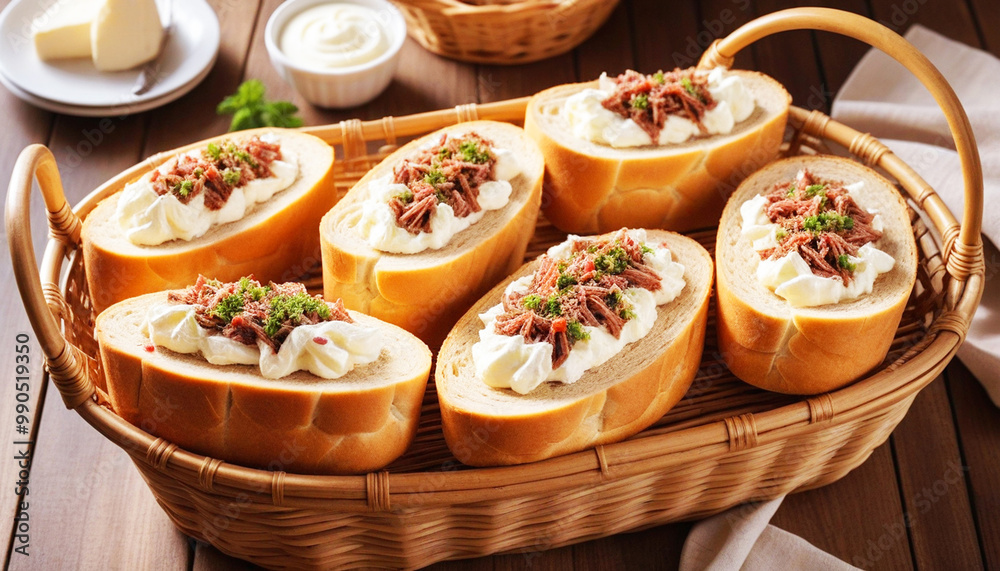 several sandwiches filled with cream cheese and beef in a rattan basket on a wooden table several sandwiches filled with cream cheese and beef in a rattan basket on a wooden table
