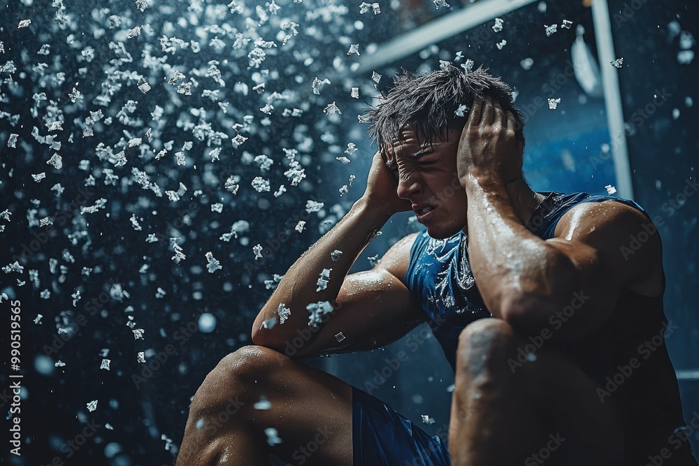© Premium Illustration - A player sitting in a locker room holding his head with a pained expression representing the lingering effects of a concussion. © Premium Illustration - A player sitting in a locker room holding his head with a pained expression representing the lingering effects of a concussion.