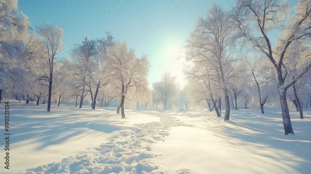 Footprints in the snow lead through a snowy forest of bare trees with a blue sky and bright sun. Footprints in the snow lead through a snowy forest of bare trees with a blue sky and bright sun.