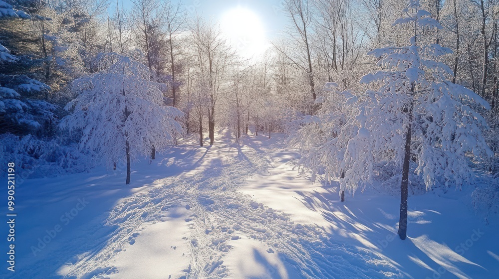 A snowy path through a winter forest with sun shining through the trees. A snowy path through a winter forest with sun shining through the trees.