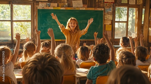 Smiling Schoolchildren Raising Hands in Classroom 