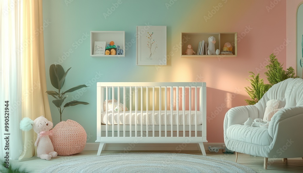 A serene and stylish nursery featuring a cozy crib, plush toys, and calming pastel colors perfect for baby and parent. A serene and stylish nursery featuring a cozy crib, plush toys, and calming pastel colors perfect for baby and parent.