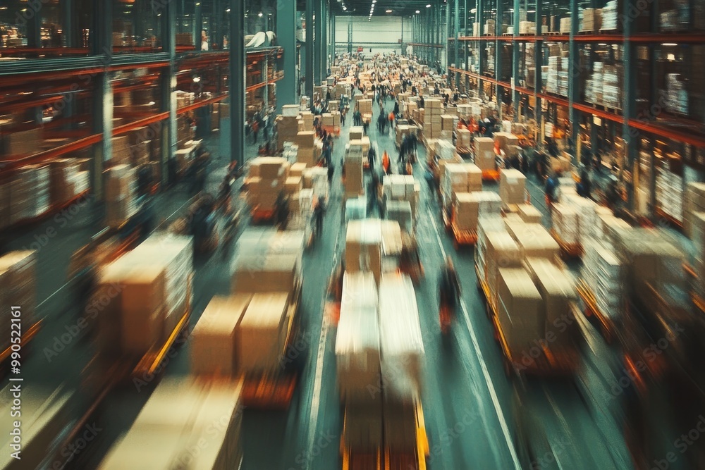 Busy warehouse with many boxes. The image captures the fast-paced environment of a large warehouse, highlighting the constant movement of goods and workers. Busy warehouse with many boxes. The image captures the fast-paced environment of a large warehouse, highlighting the constant movement of goods and workers.