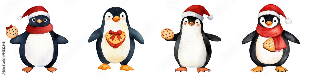 Fototapeta premium A festive collection of cartoon penguins wearing Santa hats and holding cookies, isolated on a white background.