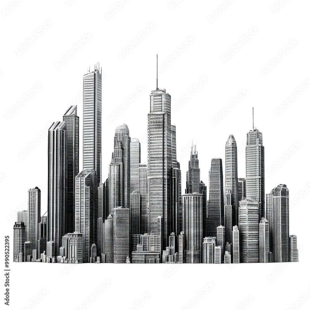 Fototapeta premium 3D city skyline with skyscrapers, isolated on a Transparent background,