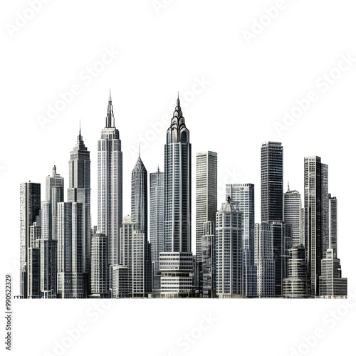3D city skyline with skyscrapers, isolated on a Transparent background,