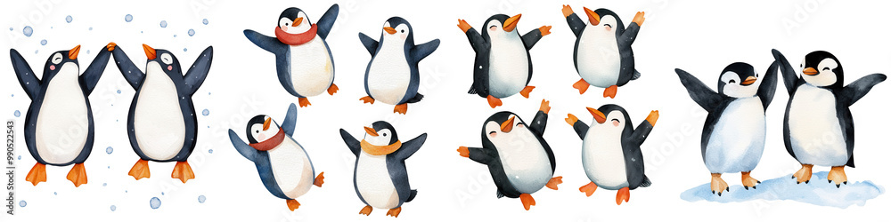 Obraz premium Colorful penguin illustrations, playful poses, white isolate background.