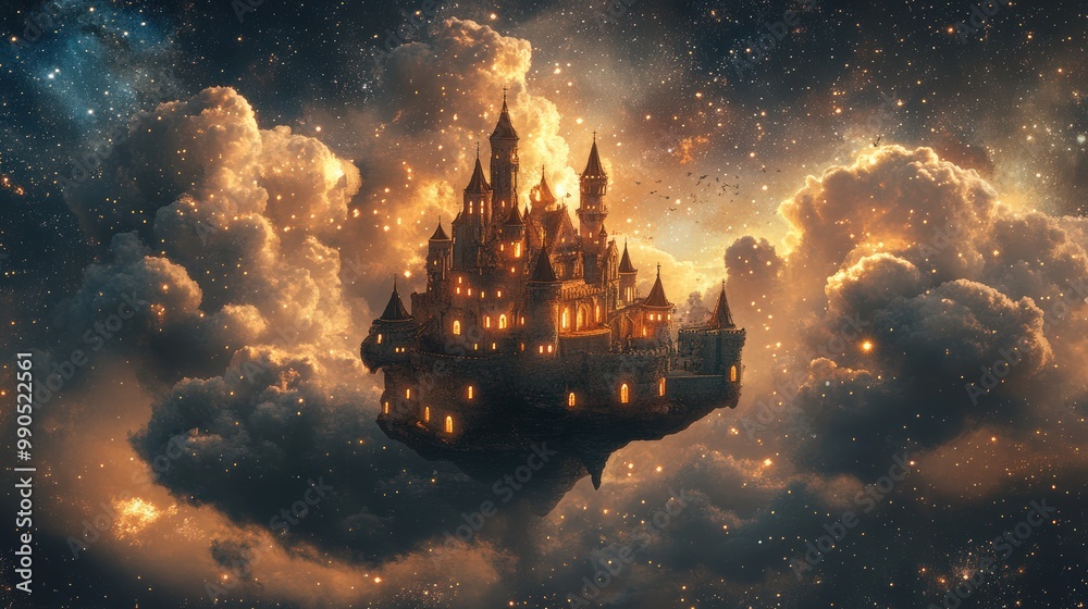 Fototapeta premium Enchanted Floating Castle in a Starry Sky
