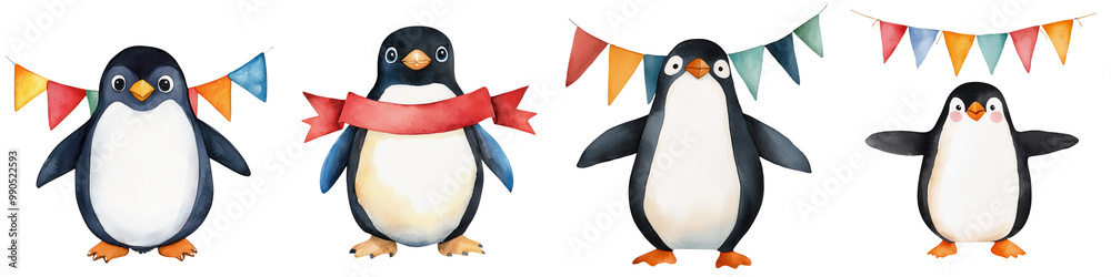 Naklejka premium Colorful cartoon penguins celebrating with festive accessories on a white isolated background.