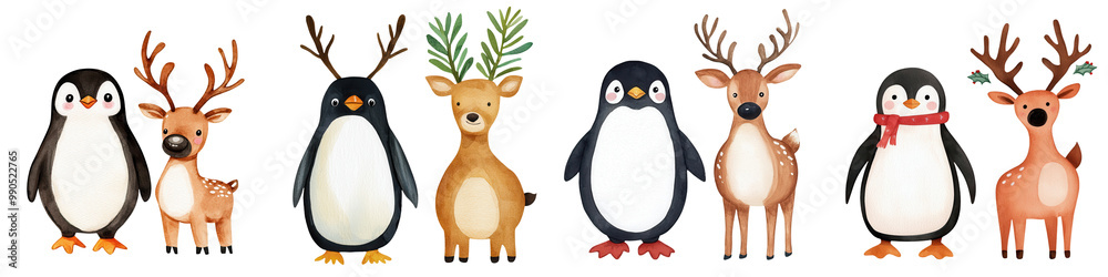 Fototapeta premium Cute penguins and reindeer characters with festive elements, perfect for holiday-themed designs.