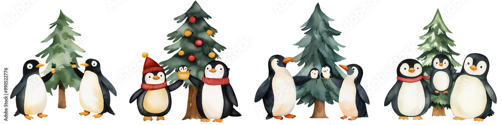 Fototapeta premium Cute penguins decorated for Christmas with festive trees, isolated on a white background.